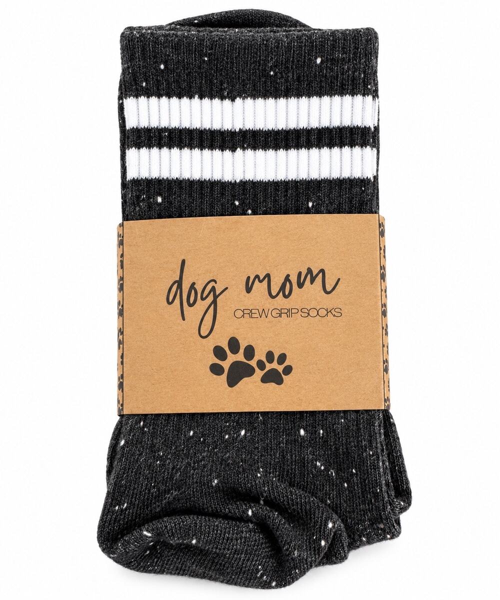 Citrusy Boutique Dog Mom Crew Grip Socks Charcoal White Stripe Paw Print New